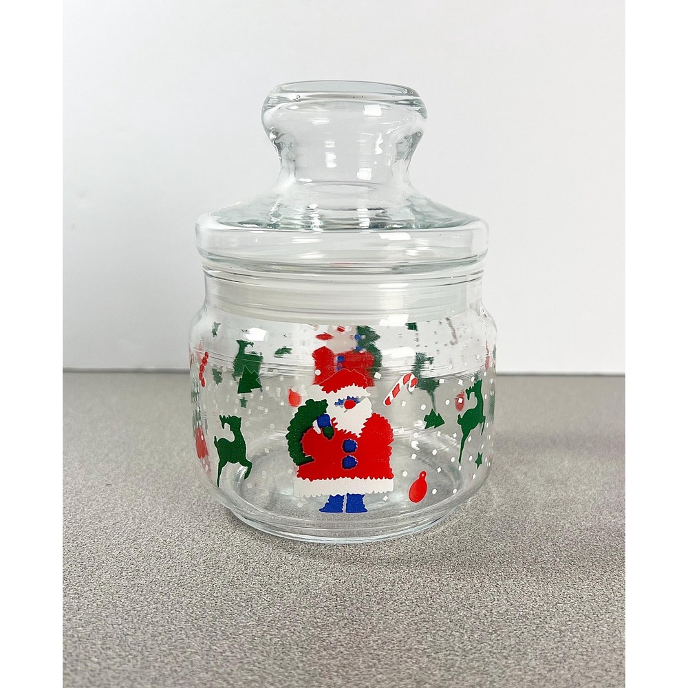 Vintage Santa + Reindeer Christmas Candy Jar glass airtight seal pantry storage